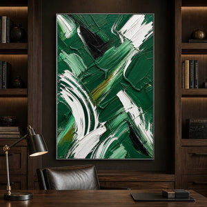 Modern green textured abstract painting in a refined dark wood office.