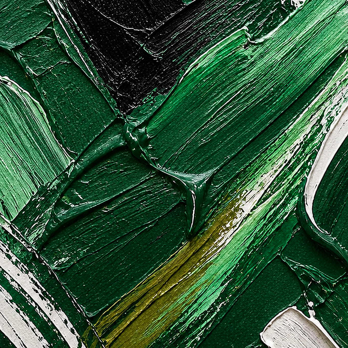 Close-up of thick emerald, mint, black, olive, and white palette-knife strokes.