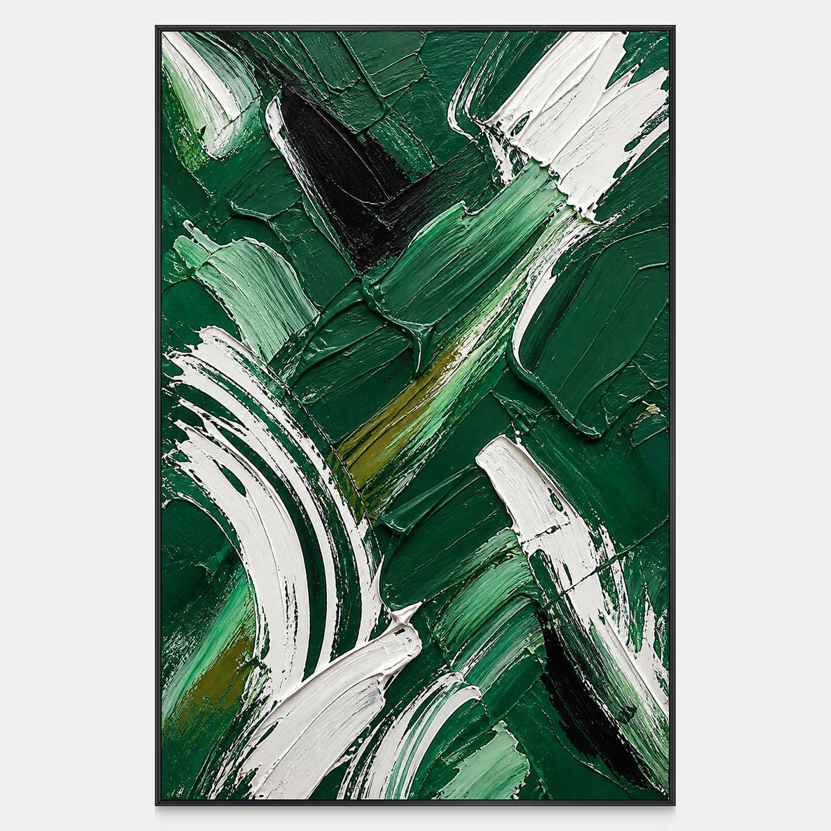 Hand-painted abstract canvas with layered emerald, mint, black, olive, and sweeping white gestures.