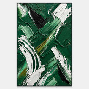 Hand-painted abstract canvas with layered emerald, mint, black, olive, and sweeping white gestures.