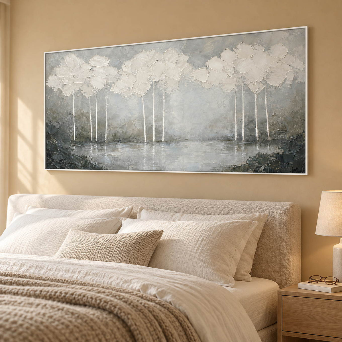 Hand-painted textured landscape wall art in white, pearl gray, and charcoal, displayed in a bedroom in a white frame.