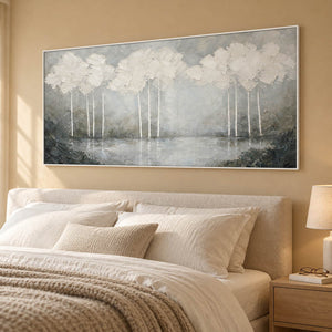 Hand-painted textured landscape wall art in white, pearl gray, and charcoal, displayed in a bedroom in a white frame.