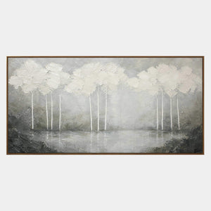 Hand-painted textured landscape wall art in white, pearl gray, and charcoal.