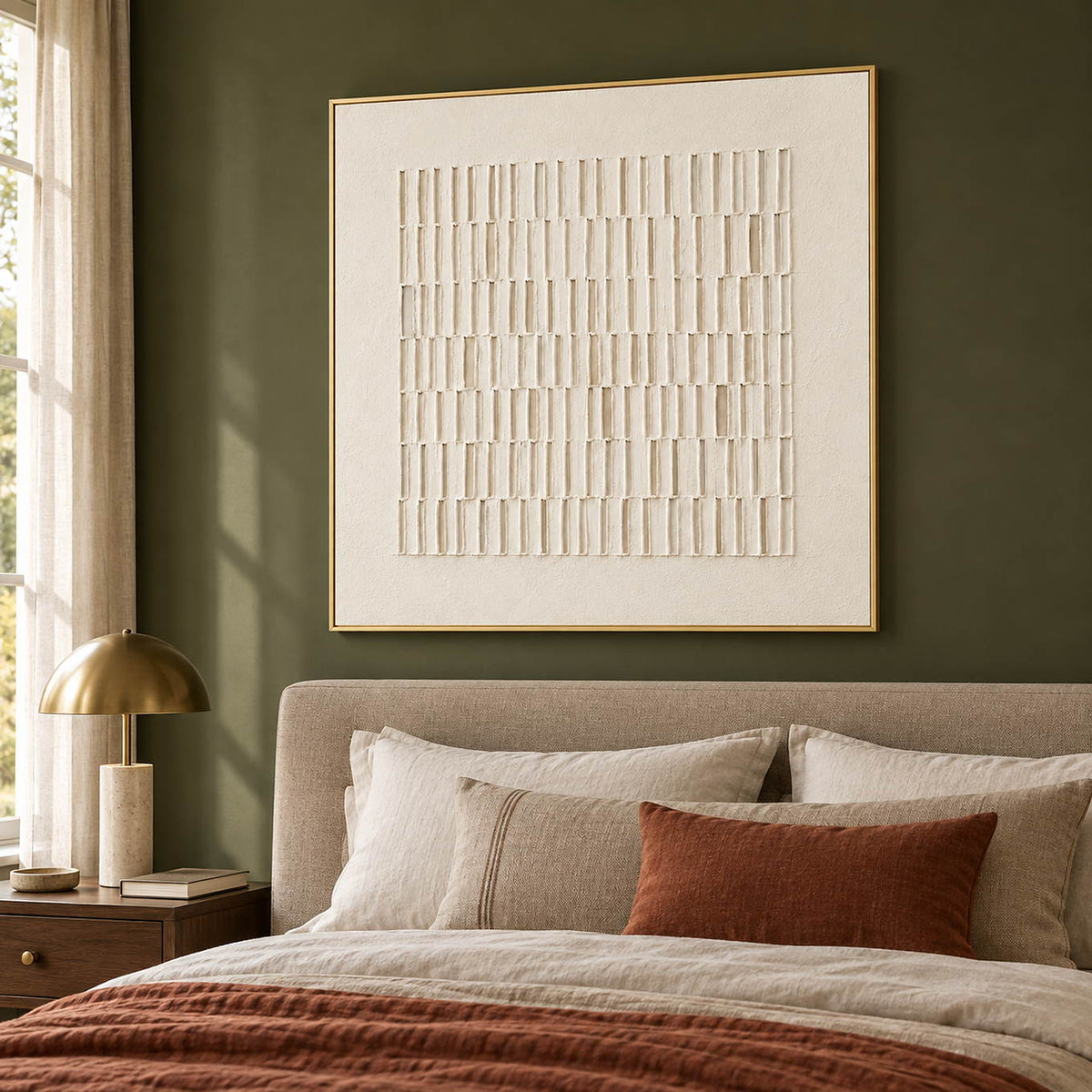 Square ivory relief artwork formed by rows of raised vertical marks, displayed in a bedroom in a gold frame.