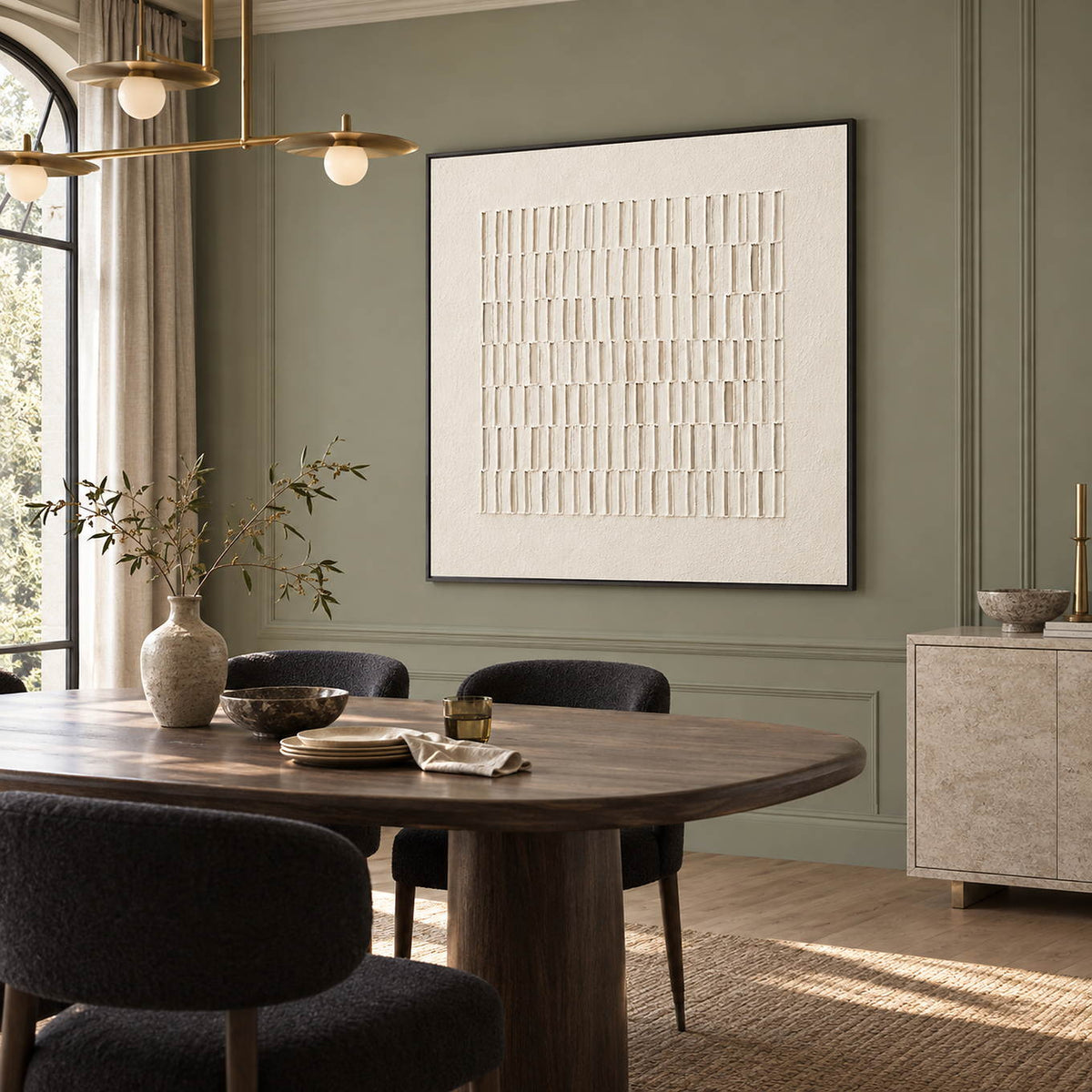Square ivory relief artwork formed by rows of raised vertical marks, displayed in a dining room in a black frame.
