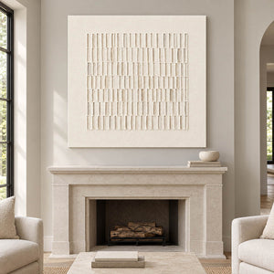 Square ivory relief artwork formed by rows of raised vertical marks, displayed beside or above a fireplace without an outer frame.