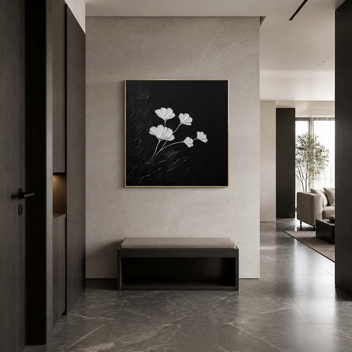 White leaf artwork viewed in a cool gray residential entry hall.
