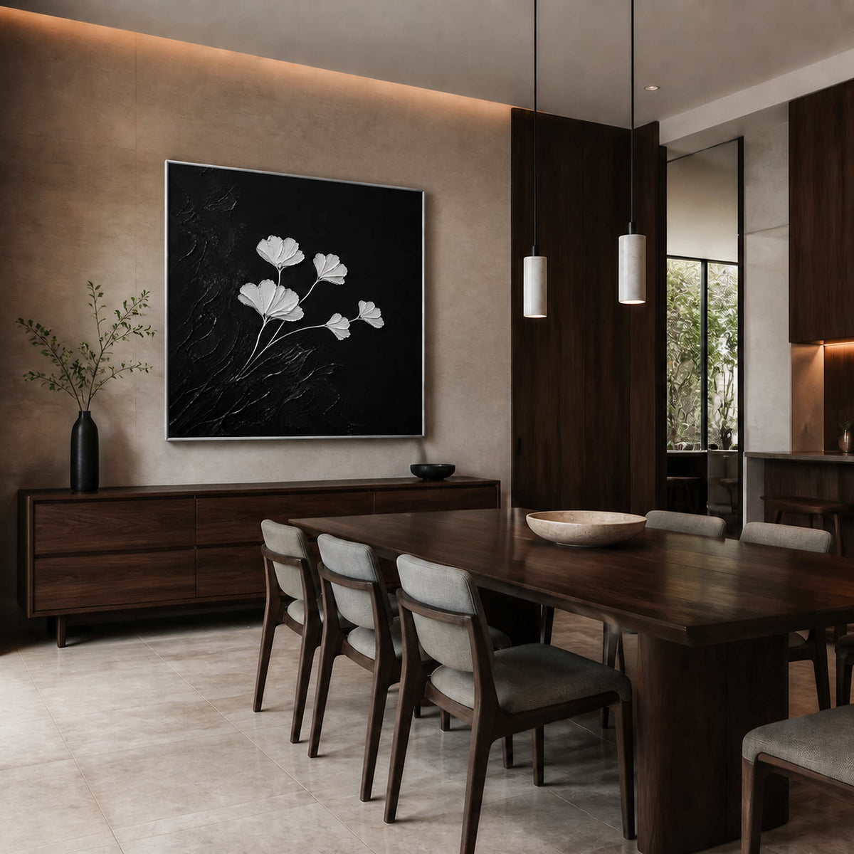Monochrome botanical artwork displayed above a deep walnut dining room.