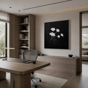 Minimalist floral wall art displayed in a light oak home office.