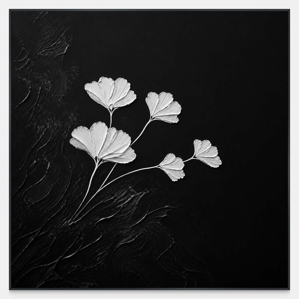 Hand-painted sculptural white leaves arranged over a textured black canvas.