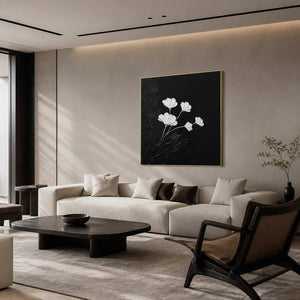 Black and white floral wall art displayed in a warm stone living room.