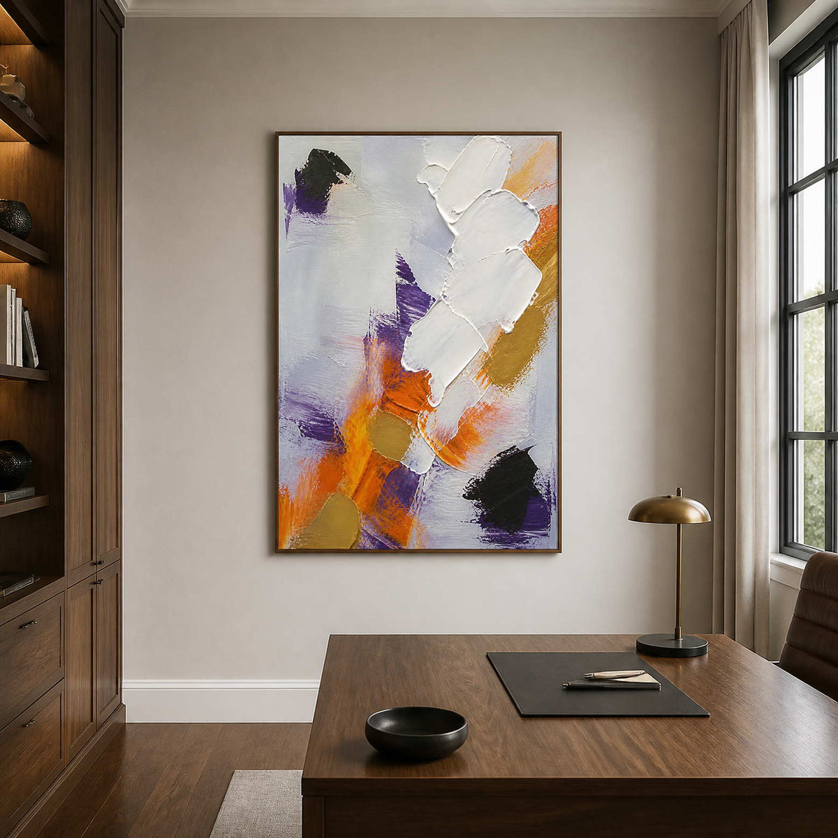 White orange and violet abstract wall art displayed in a warm wood study.