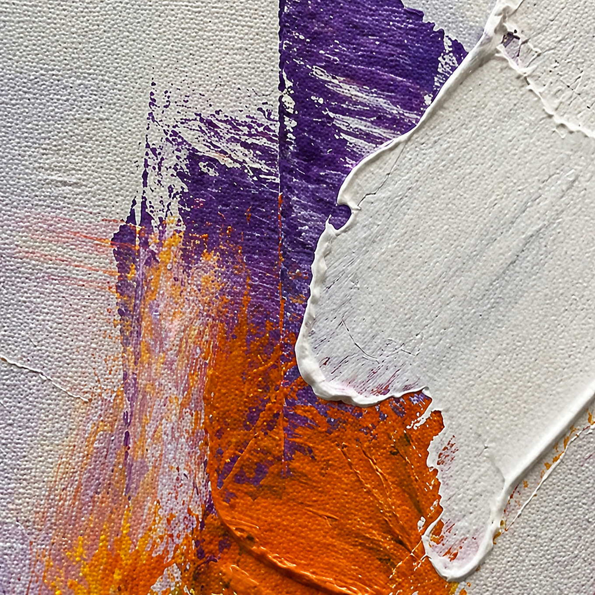 Close-up of sculptural white impasto over violet and ember orange brushwork.