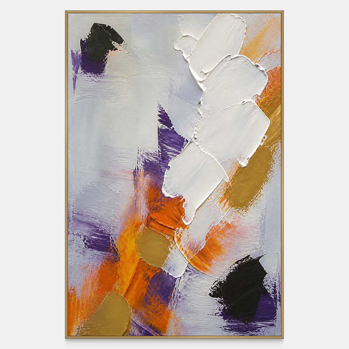 Vertical abstract wall art in silver gray, white, orange, gold, violet, and black.