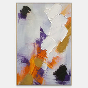 Vertical abstract wall art in silver gray, white, orange, gold, violet, and black.