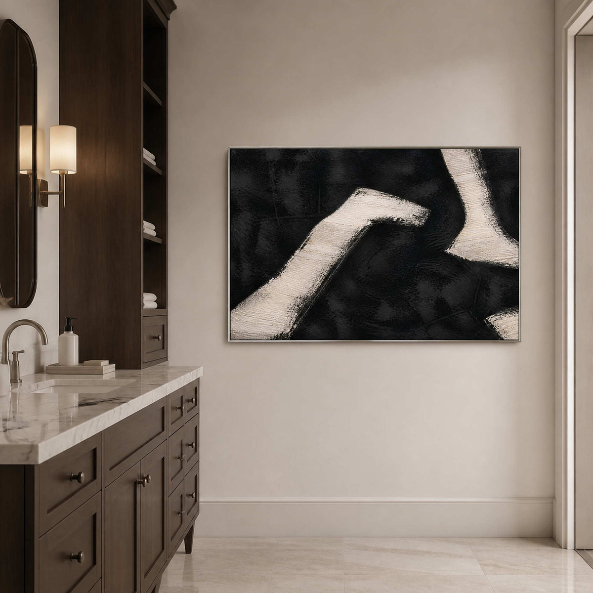 White Paths Cross the Dark in a silver-framed bathroom