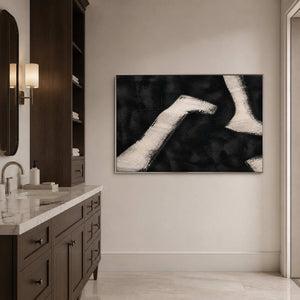 White Paths Cross the Dark in a silver-framed bathroom