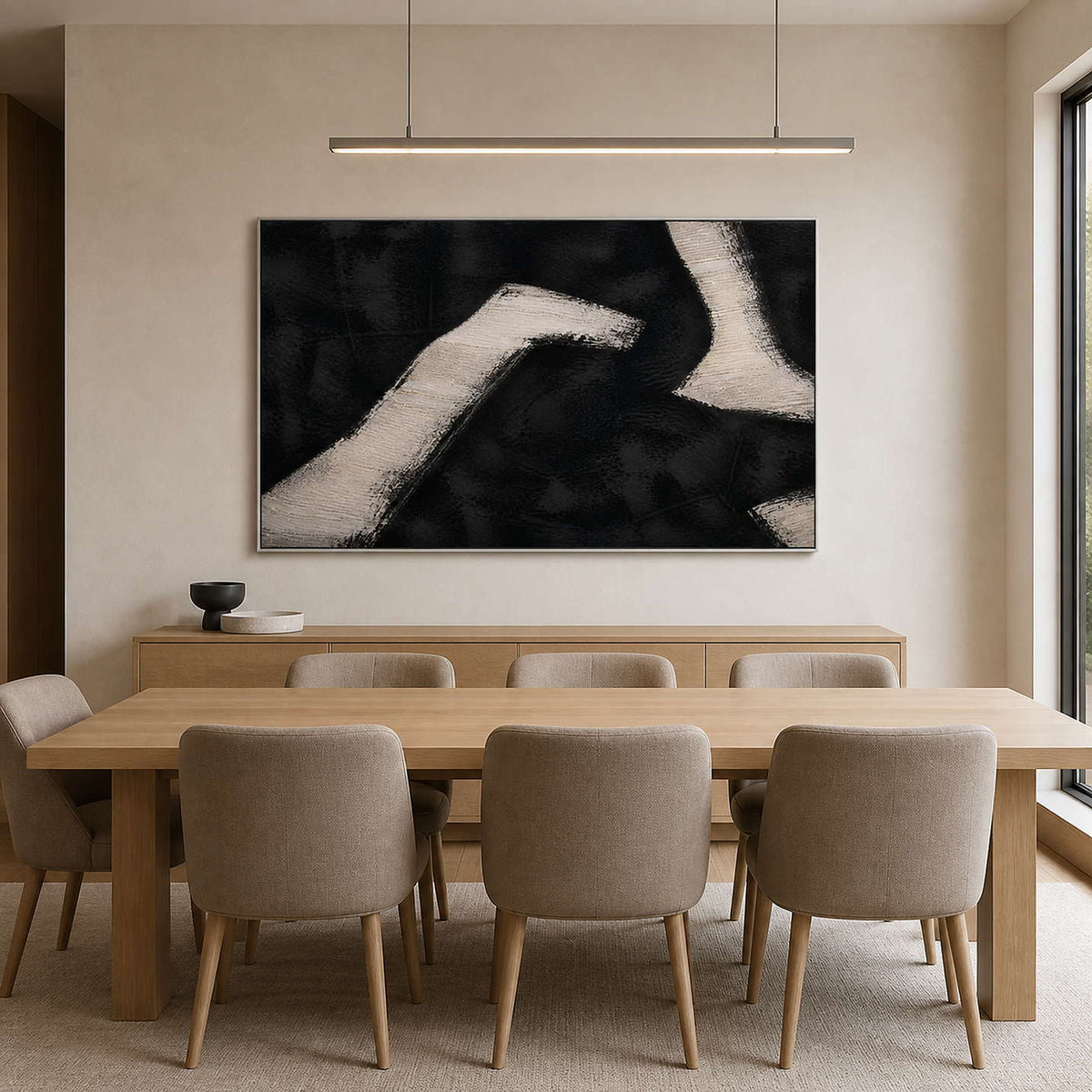 White Paths Cross the Dark in a silver-framed dining room