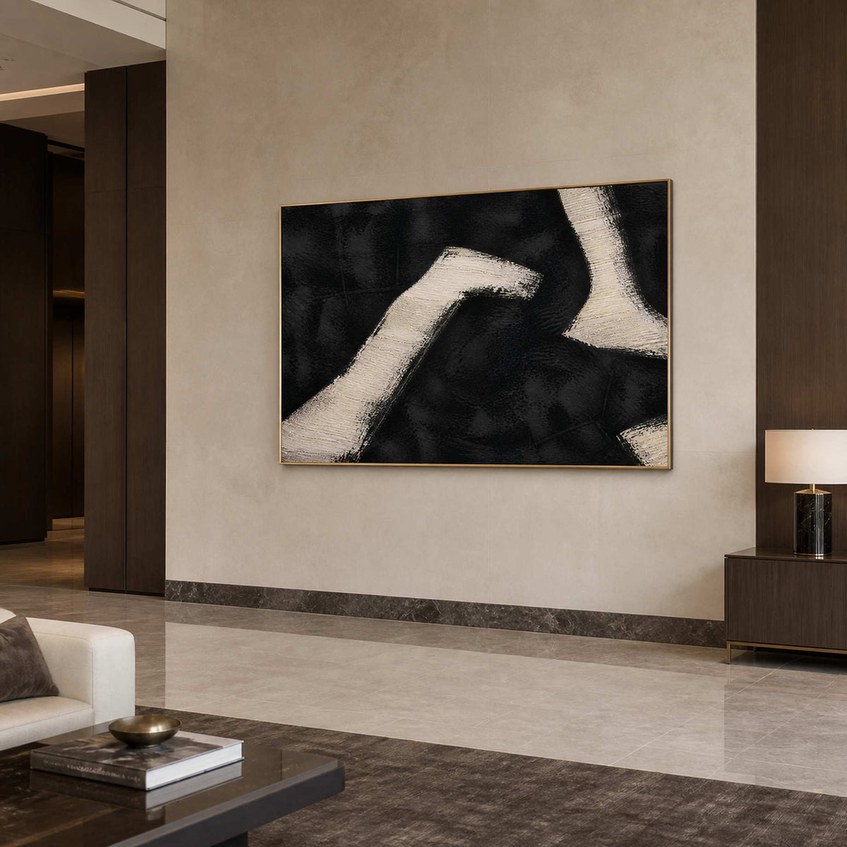 White Paths Cross the Dark in a gold-framed lobby