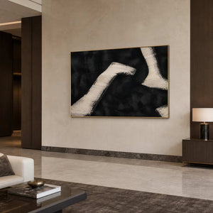 White Paths Cross the Dark in a gold-framed lobby