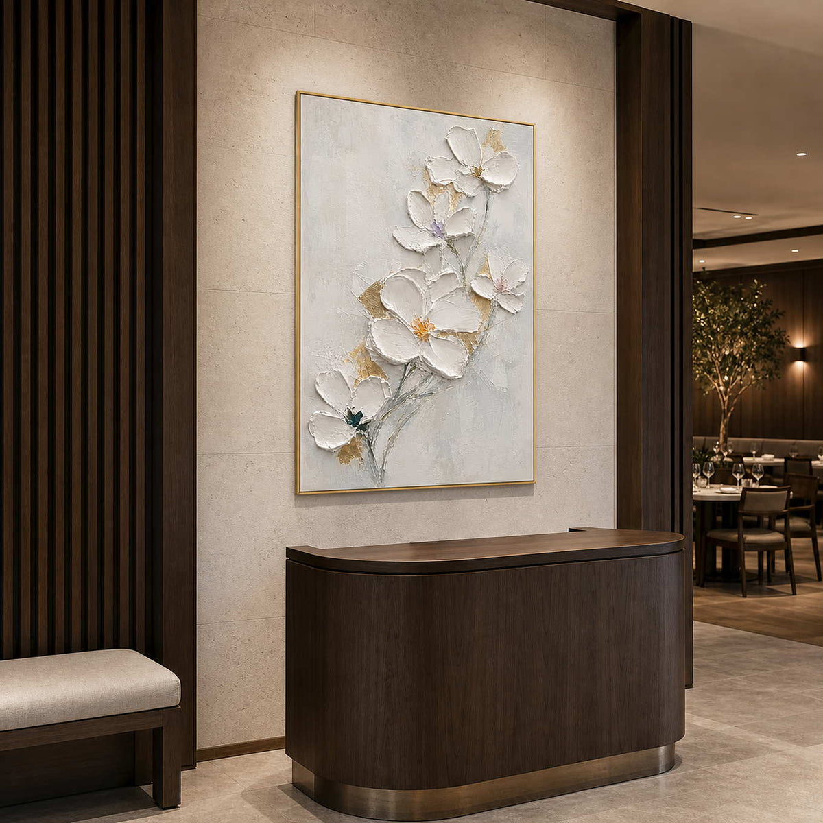 Textured Floral Wall Art displayed in a refined hospitality lounge 2.