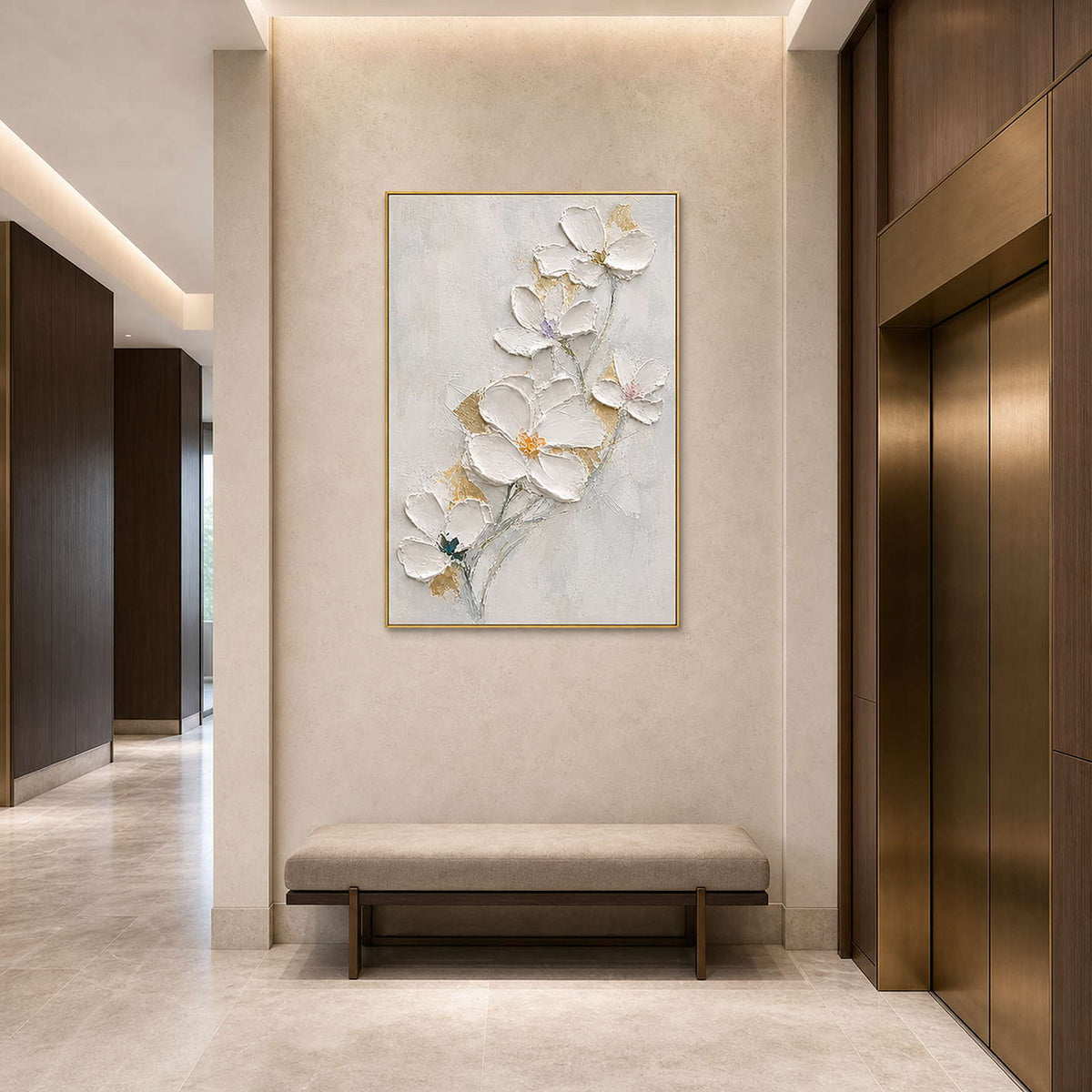 Textured Floral Wall Art displayed in a refined hospitality lounge.