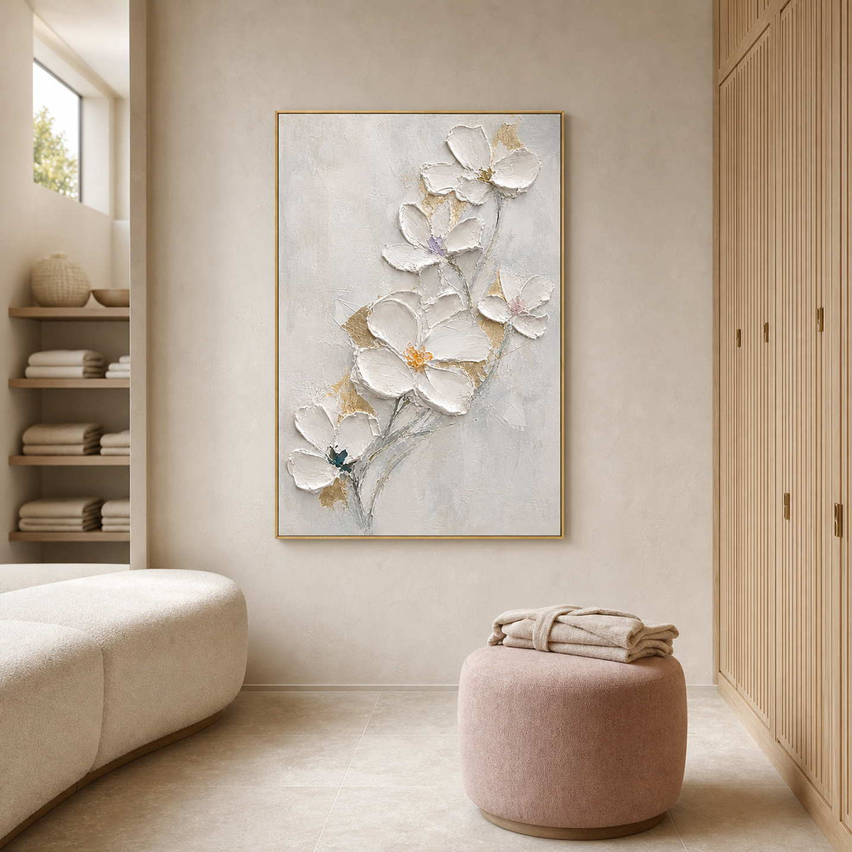 Textured Floral Wall Art displayed in a refined spa reception.