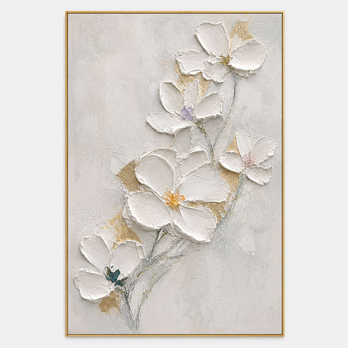 Hand-painted textured floral wall art with white, neutral, and earth tones tones.