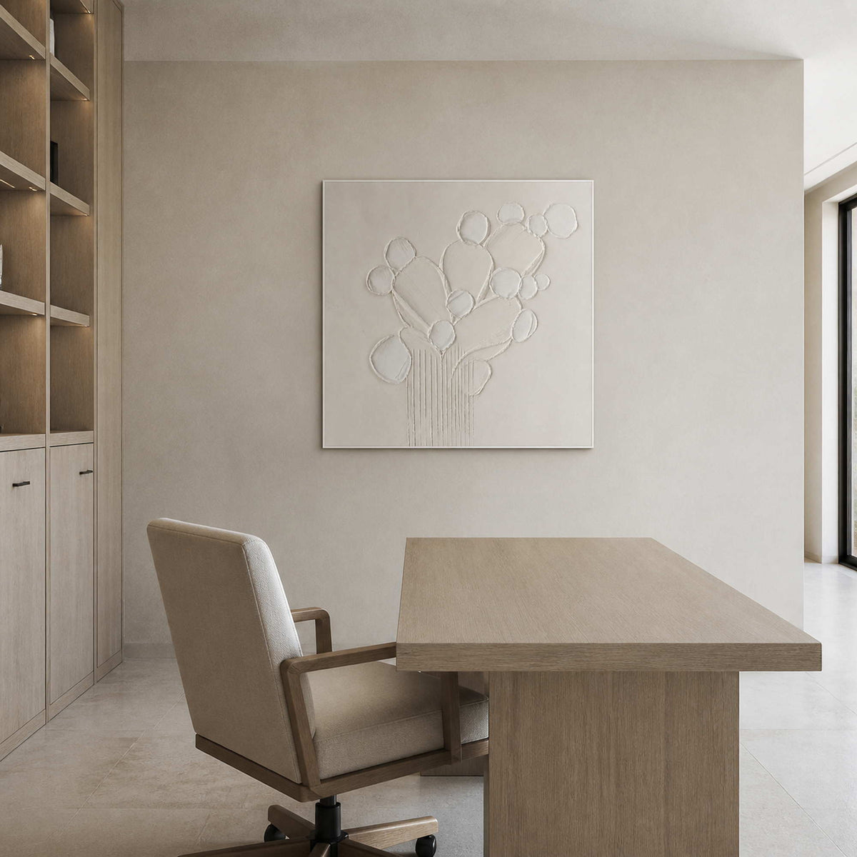 Minimalist floral wall art displayed in a light oak home office.