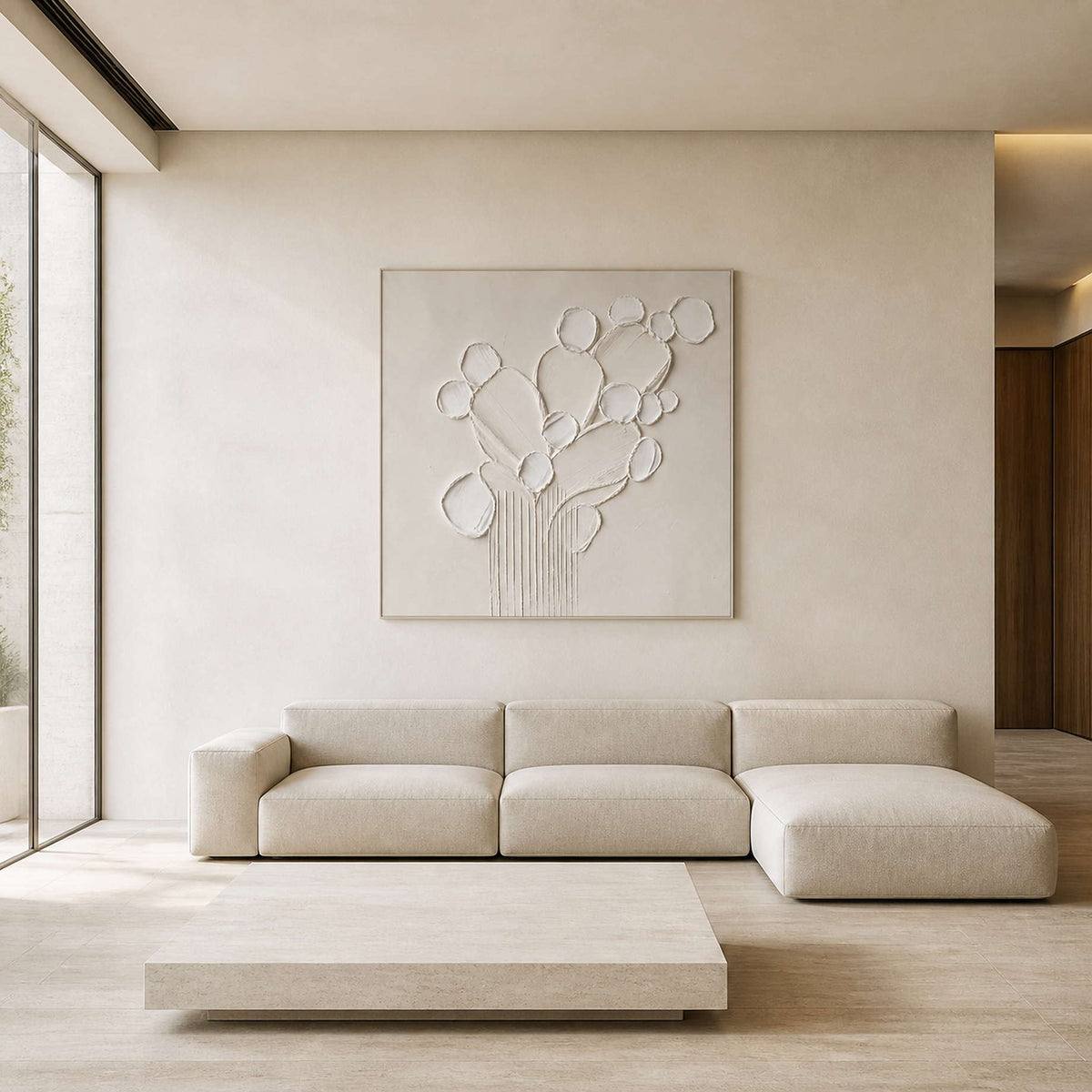 White textured floral wall art displayed in a warm stone oak living room.