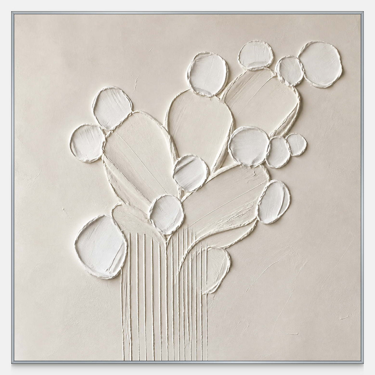 Sculptural warm white petals and leaves raised from a monochrome canvas.