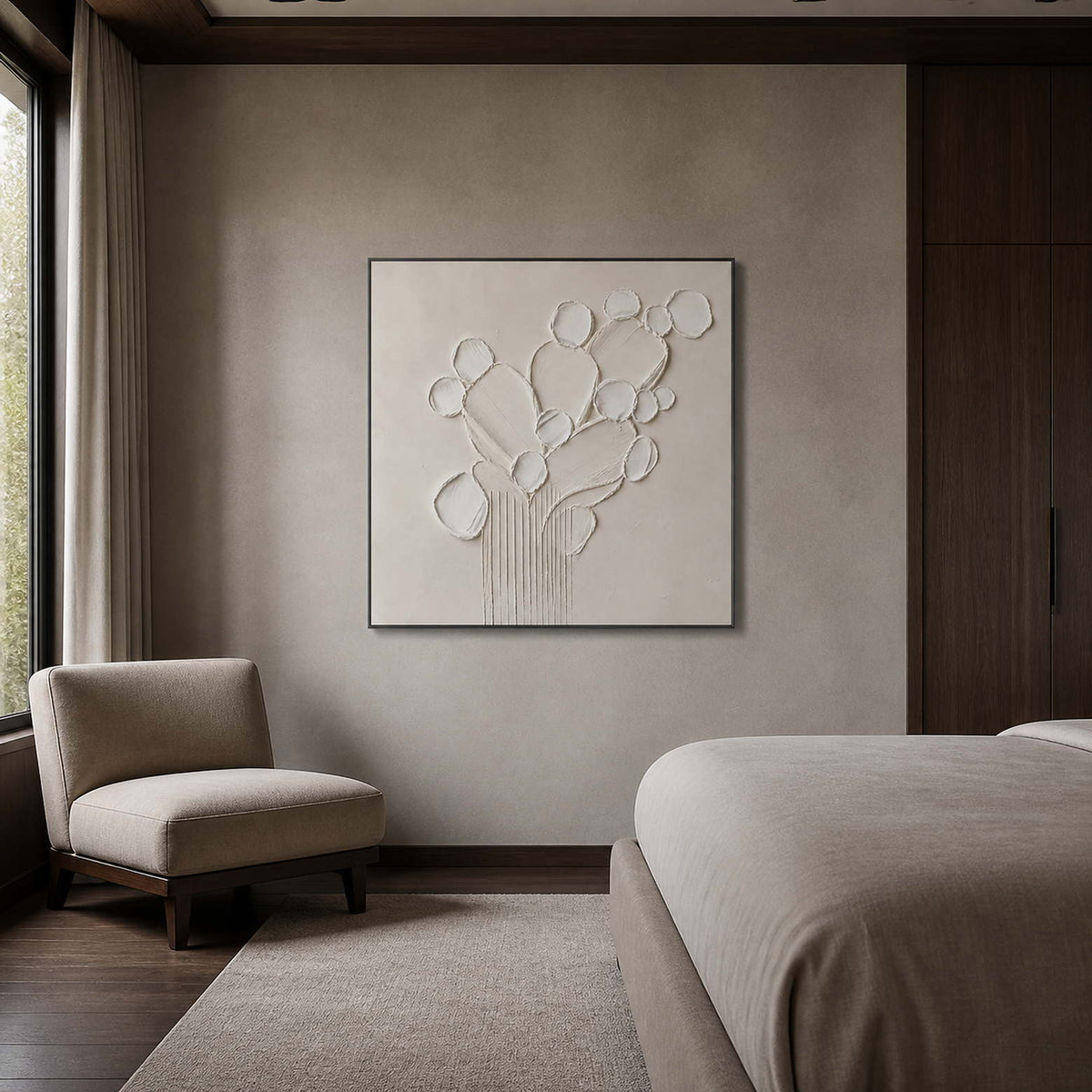 White sculptural flower painting displayed in a warm gray walnut bedroom.