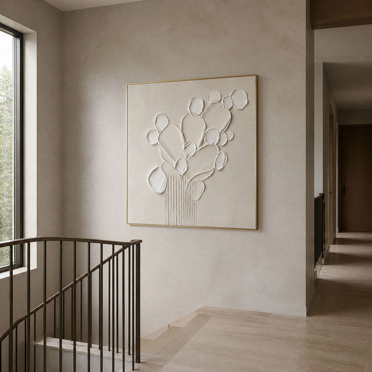 Textured white floral painting viewed from a warm gray stair landing.