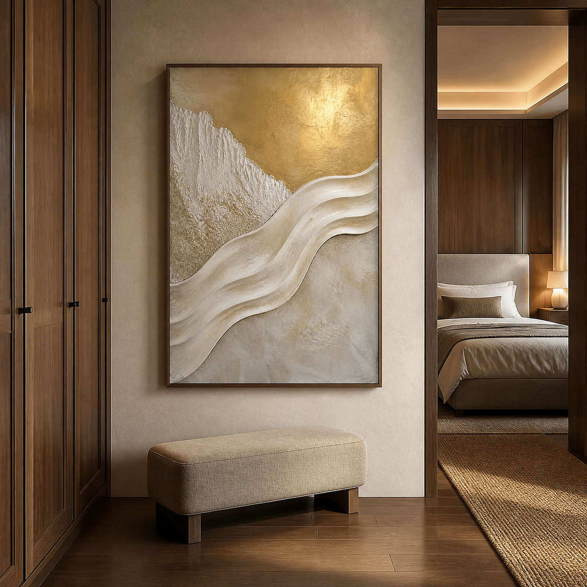 Elegant ivory relief painting styled in a walnut bedroom entry.