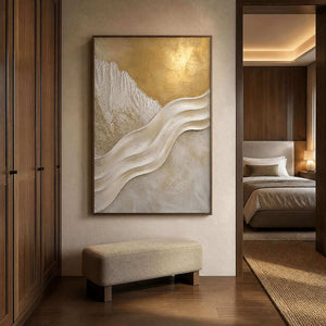 Elegant ivory relief painting styled in a walnut bedroom entry.