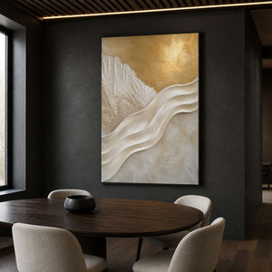 Ivory and gold textured abstract wall art in a charcoal dining room.