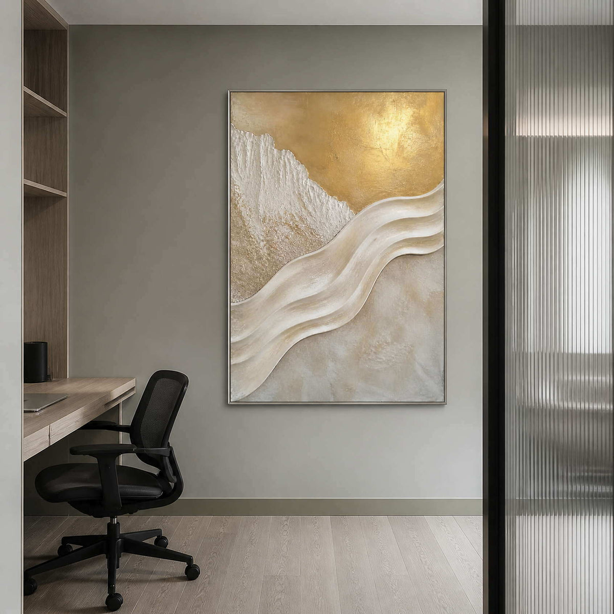 Gold and white abstract canvas adding polished depth to an office.