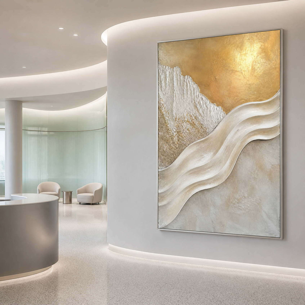 White and gold textured canvas in a pearl-gray wellness reception.