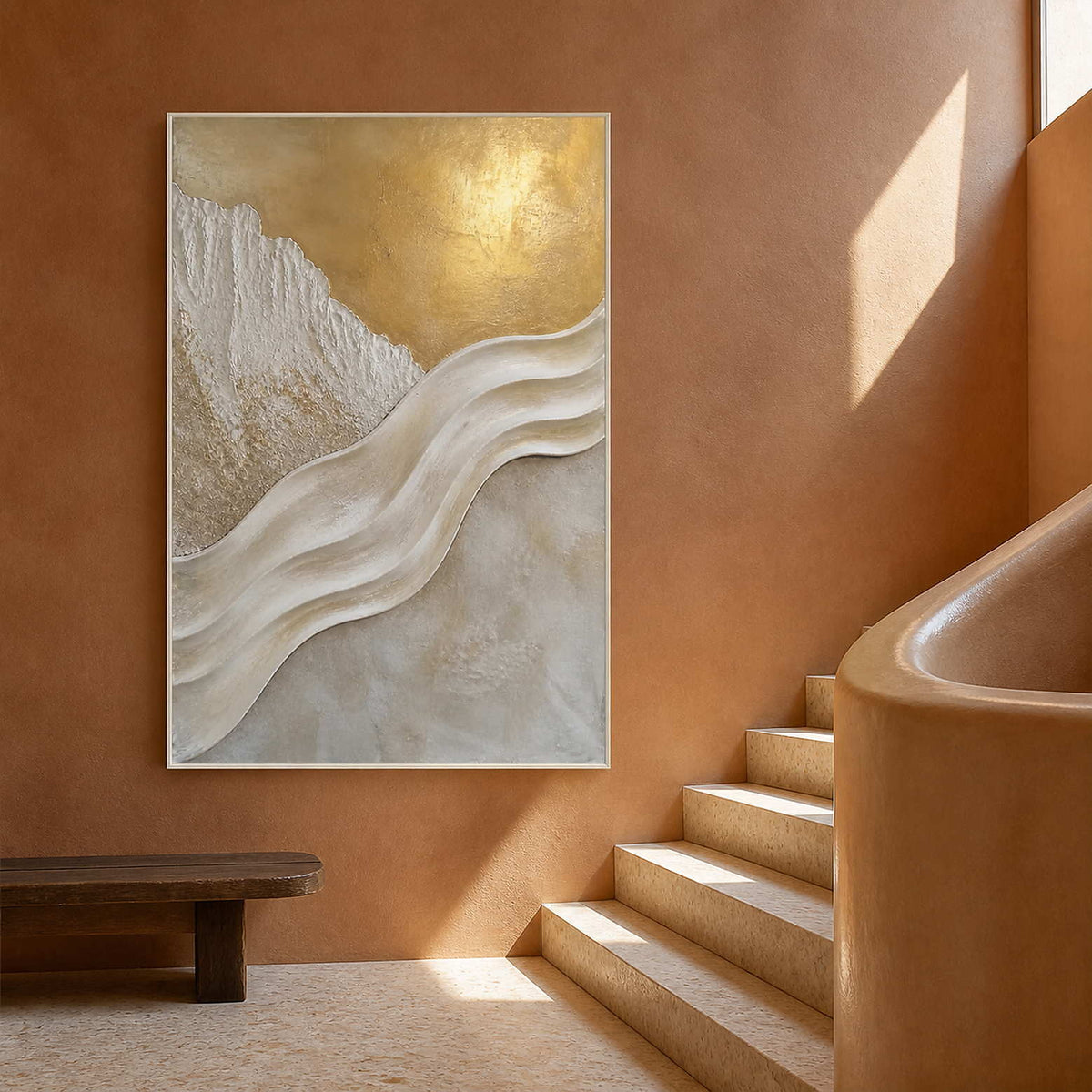 Textured ivory relief artwork on a terracotta stair landing.