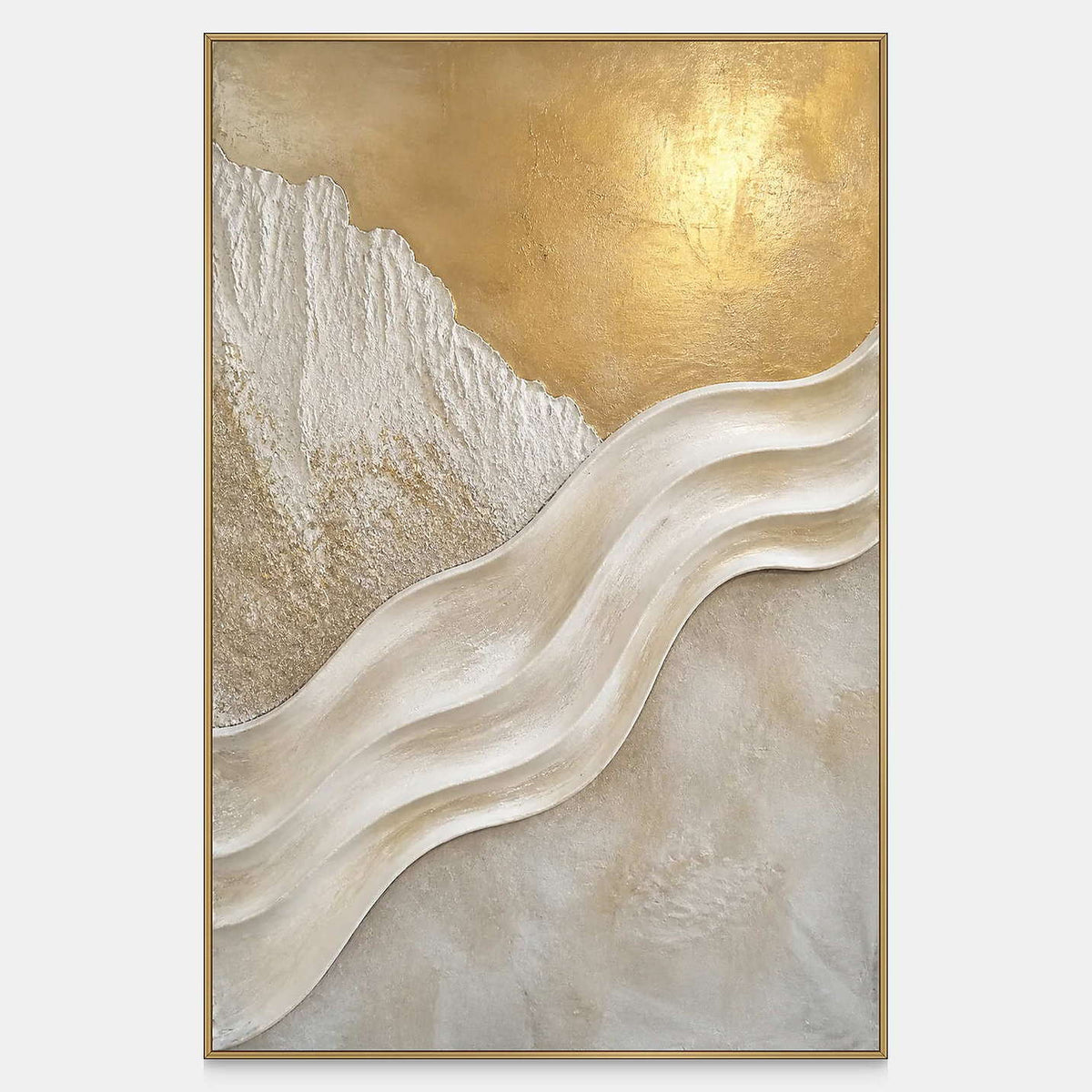 Hand-painted vertical abstract canvas with sculpted ivory ribbons and gold.