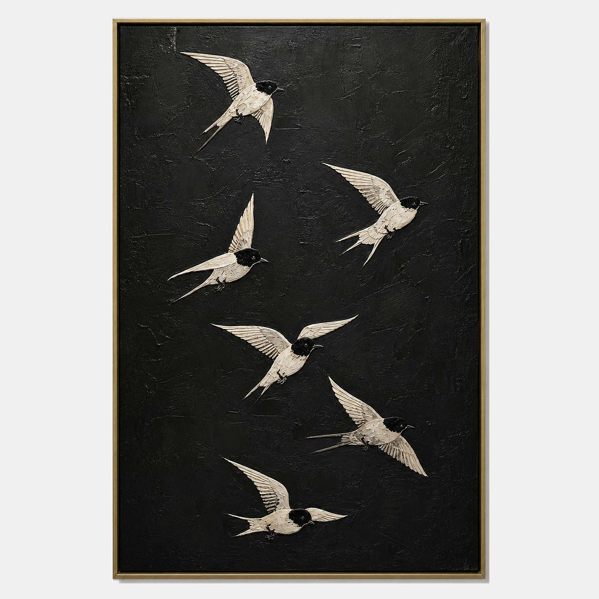 Hand-painted crane wall art with black, white, and neutral tones.