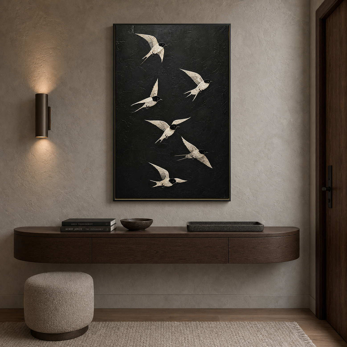 Crane Wall Art displayed in a refined entryway.
