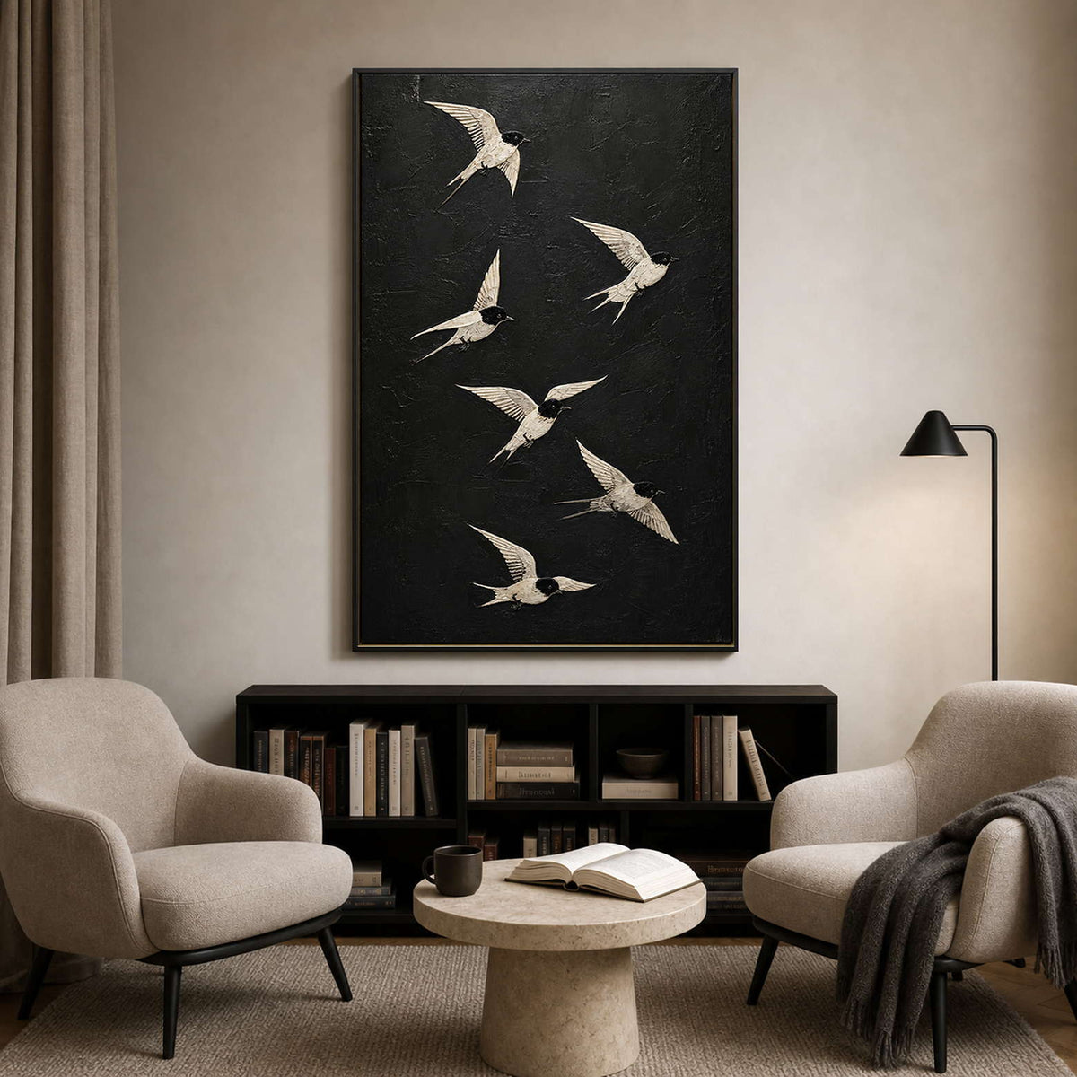 Crane Wall Art displayed in a refined living room.