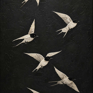 Close-up of raised hand-painted texture in black, white, and neutral.