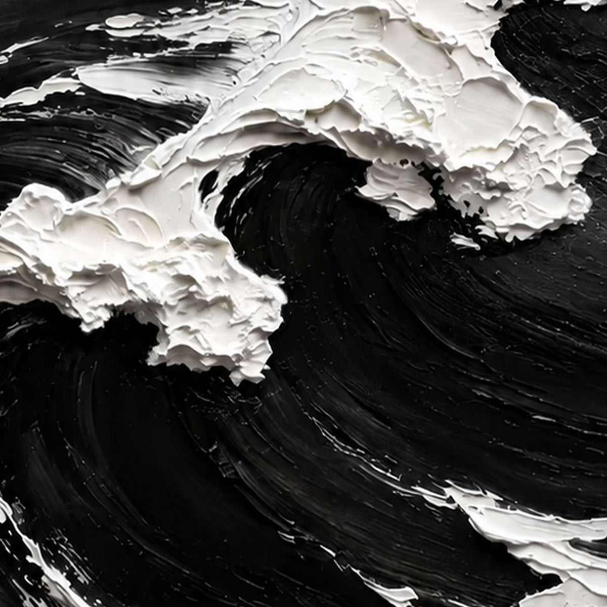 Close-up of raised white foam curling over black textured swells in coastal artwork.