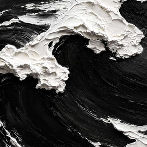 Close-up of raised white foam curling over black textured swells in coastal artwork.