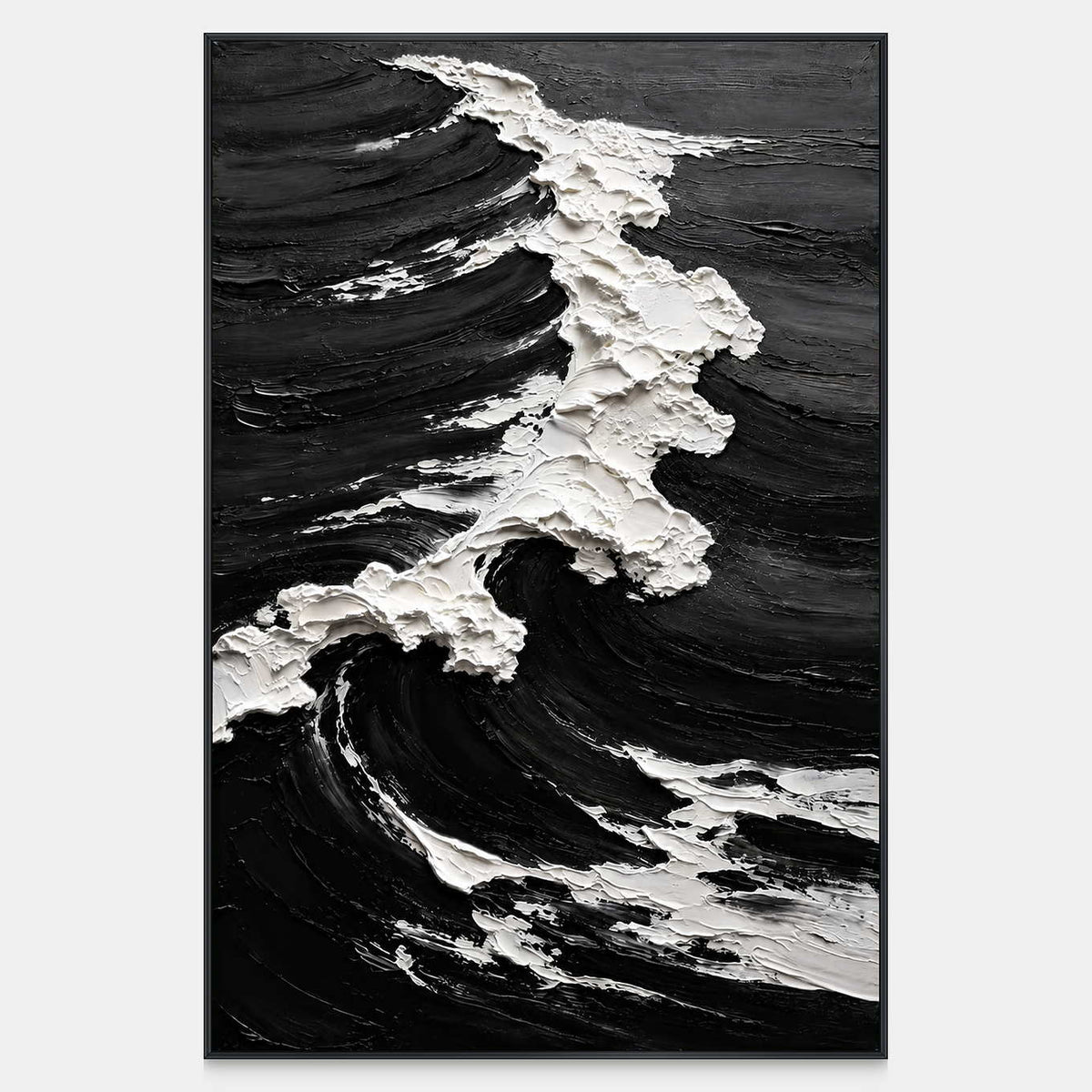 Vertical coastal painting with a rough white crest winding through broad black swells.
