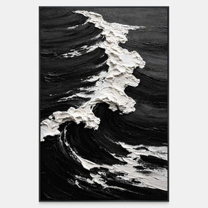 Vertical coastal painting with a rough white crest winding through broad black swells.