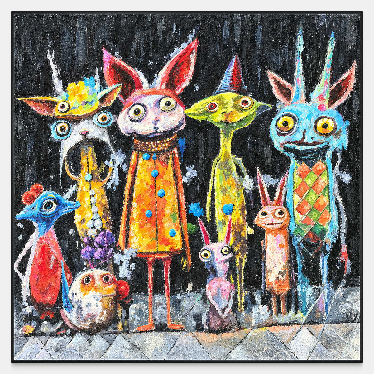 Front view of a row of wide-eyed animal-like characters in orange, turquoise, yellow and pink on black, with a black frame.