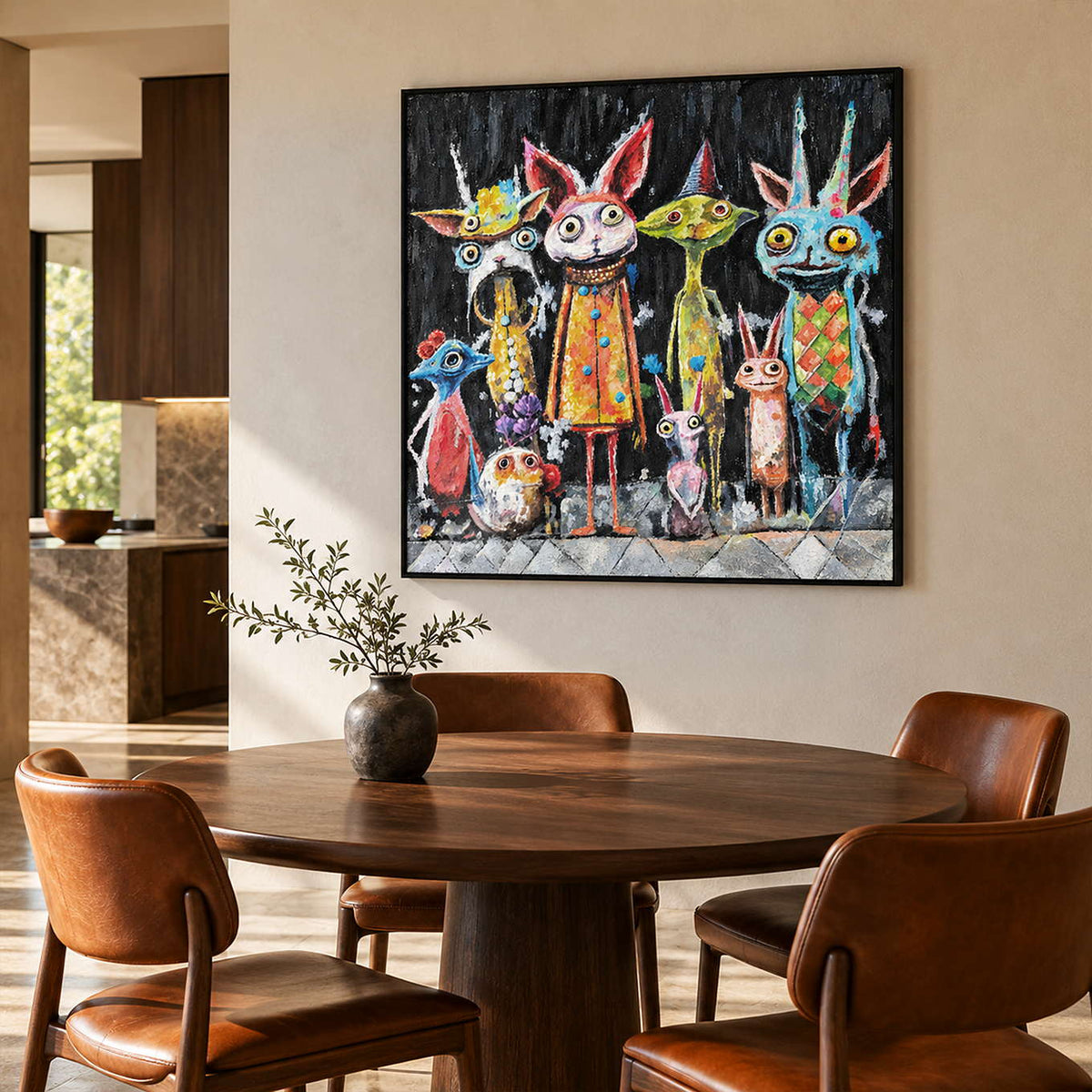 Artwork showing a row of wide-eyed animal-like characters in orange, turquoise, yellow and pink on black in a dining area beside the table, with a black frame.
